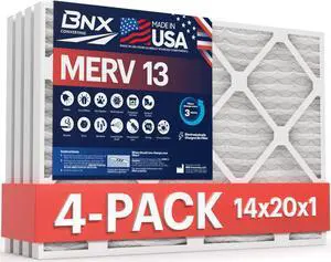 BNX 14x20x1 MERV 13 Air Filter 4 Pack - MADE IN USA - Electrostatic Pleated Air Conditioner HVAC AC Furnace Filters - Removes Pollen, Mold, Bacteria