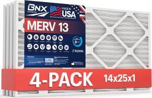 BNX 14x25x1 MERV 13 Air Filter 4 Pack - MADE IN USA - Electrostatic Pleated Air Conditioner HVAC AC Furnace Filters - Removes Pollen, Mold, Bacteria