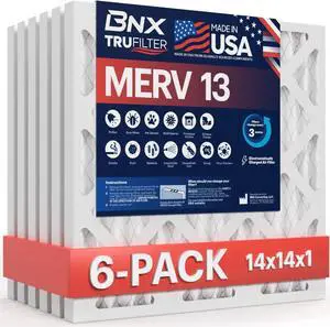 BNX 14x14x1 MERV 13 Air Filter 6 Pack - MADE IN USA - Electrostatic Pleated Air Conditioner HVAC AC Furnace Filters - Removes Pollen, Mold, Bacteria