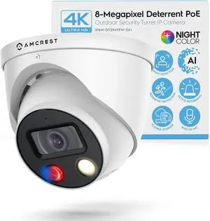 Amcrest UltraHD 4K (8MP) IP POE AI Camera, 4K @30fps, 98ft Night Color Vision F1.0, Security Outdoor Turret Camera, Vehicle & Human Detection, Active Deterrents, Two-Way Audio, IP8M-DT3949EW-3AI