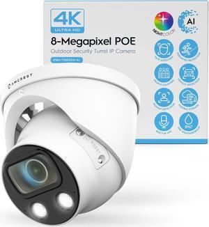 Amcrest UltraHD 4K (8MP) IP POE AI Camera, 4K @30fps, 164ft Night Color Vision, F1.0, Security Outdoor Turret Camera, Face Detection, Vehicle & Human Detection, Built in Microphone, IP8M-T2883EW-AI