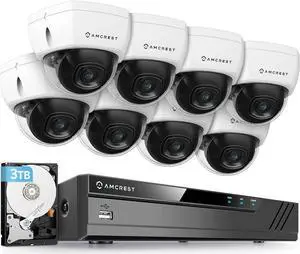 Amcrest 4K Security Camera System, 4K 16CH (8-Port) PoE NVR, (8) x 8-Megapixel IP67 Weatherproof Dome POE IP Cameras, Pre-Installed 3TB Hard Drive, NV4116E-2493EW8-3TB (White)