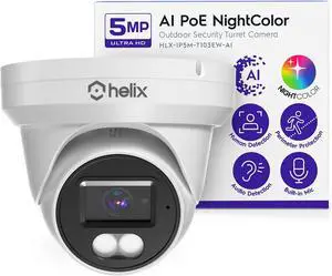 Helix 5MP Security AI IP PoE Camera, 98ft Night Color, Human Detection, NDAA Compliant, Indoor Outdoor Surveillance Turret, Built in Mic, Support 256GB MicroSD, Deterrent, HLX-IP5M-T103EW-AI Helix 5MP Security AI IP PoE Camera, 98ft Night Color, Human Detection, NDAA Compliant, Indoor Outdoor Surveillance Turret, Built in Mic, Support 256GB MicroSD, Deterrent, HLX-IP5M-T103EW-AI