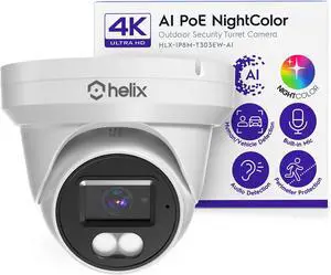 Helix 4K/8-MP Security AI IP PoE Camera, 98ft Night Color, Human Detection, NDAA Compliant, Indoor Outdoor Surveillance Turret, Built in Mic, Support 256GB MicroSD, Deterrent, HLX-IP8M-T303EW-AI Helix 4K/8-MP Security AI IP PoE Camera, 98ft Night Color, Human Detection, NDAA Compliant, Indoor Outdoor Surveillance Turret, Built in Mic, Support 256GB MicroSD, Deterrent, HLX-IP8M-T303EW-AI
