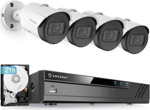 Amcrest 5MP Security Camera System, 4K 8CH PoE NVR, (4) x 5-Megapixel 2.8mm Wide Angle Lens Weatherproof Metal Bullet POE IP Cameras, Pre-Installed 2TB Hard Drive, NV4108E-IP5M-B1186EW4-2TB (White)