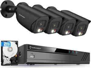Amcrest 4K Security Camera System, 4K 8CH PoE NVR, (4) x 4K Night Color Bullet POE IP Cameras, Active Deterrent, Pre-Installed 2TB Hard Drive, NV4108E-2796EB4-2TB (Black)