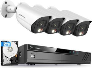 Amcrest 4K Security Camera System, 4K 8CH PoE NVR, (4) x 4K Night Color Bullet POE IP Cameras, Active Deterrent, Pre-Installed 2TB Hard Drive, NV4108E-2796EW4-2TB (White)