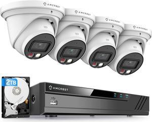 Amcrest 4K Security Camera System, 4K 8CH PoE NVR, (4) x 4K Night Color Turret POE IP Cameras, Active Deterrent, Pre-Installed 2TB Hard Drive, NV4108E-2779EW4-2TB (White)