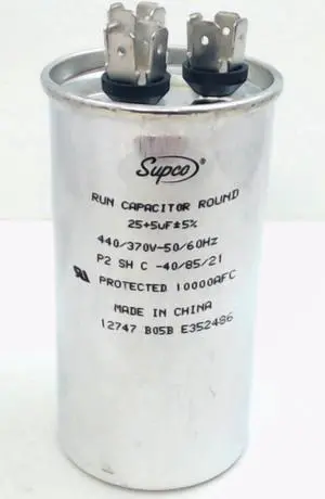 Dual Run Capacitor, Round, 25 + 5 Mfd., 440 Volt, CD25+5X440R