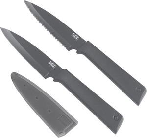Kuhn Rikon COLORI+ Non-Stick Straight & Serrated Paring Knife Set, Graphite Grey