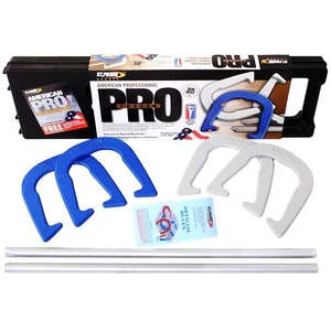 St. Pierre American Professional Series Horseshoes Complete Set with 4 Horseshoes, 2 Steel Stakes, Official Rulebook, and Bag. St. Pierre American Professional Series Horseshoes Complete Set with 4 Horseshoes, 2 Steel Stakes, Official Rulebook, and Bag.