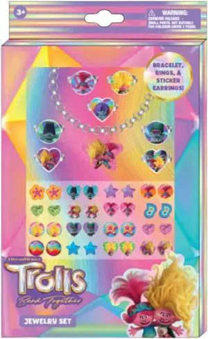 Trolls Charm Bracelet, Rings & Sticker Earrings  24-Piece Set for Kids