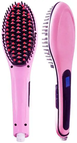 Professional Hair Straightener & Detangler Brush - Ceramic Plates, 360 Swivel Cord, Auto-Off, Pink