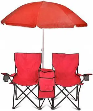 GoTeam Portable 2-Seat Folding Camp Chair with Cooler, Umbrella & Cup Holders  Outdoor Picnic, Beach, or Tailgate Seating  Carry Case Included (Red)