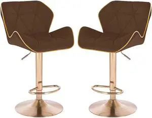 Set of 2 Modern Home Luxe Spyder Contemporary Adjustable Barstool/Bar Chair with 360° Rotation (Gold Base, Brown/Gold Piping)