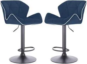 Set of 2 Modern Home Luxe Spyder Contemporary Adjustable Barstool/Bar Chair with 360° Rotation (Black Base, Navy Blue/White Piping)