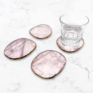 Modern Home Set of 4 Natural Rose Quartz Stone Coasters (Gold)