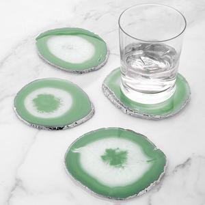 Modern Home Set of 4 Natural Agate Stone Coasters - Green w/Silver Edge