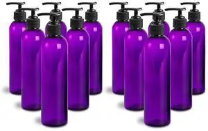 Royal Massage 8oz Bullet Round Massage Oil/Lotion/Liquid Bottle with Saddle Pump (Purple, Set of 12)