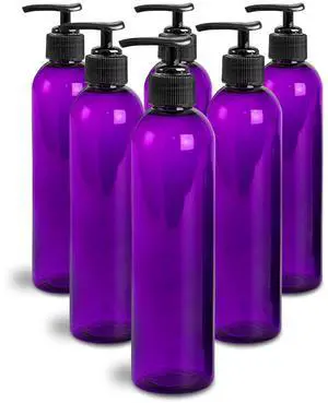 Royal Massage 8oz Bullet Round Massage Oil/Lotion/Liquid Bottle with Saddle Pump (Purple, Set of 6)