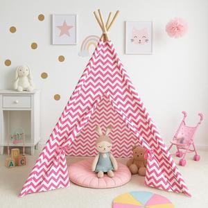 Modern Home Childrens Indoor Teepee Play Tent  Brown with White Polka Dots, Foldable Canvas Tent with Wooden Poles for Kids' Room or Play Area (Pink Chevron)
