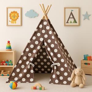Modern Home Children's Indoor/Outdoor Teepee Set with Travel Case - Brown/Silver Polka Dot