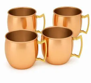 Modern Home Handmade 16oz Solid Copper Mule Mug  Barrel Shaped Mug with Brass Handle & Smooth Texture (Set of 4)
