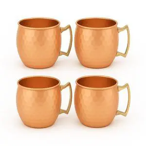 Modern Home Handmade 16oz Solid Copper Mule Mug  Barrel Shaped Mug with Brass Handle & Hammered Texture (Set of 4)