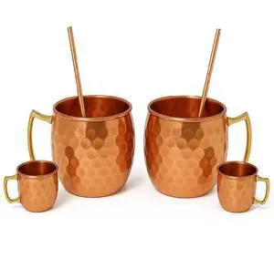 Modern Home Authentic 6-Piece Copper Moscow Mule Mug Set  2 Full-Size Hammered Mugs + 2 Mini Shot Glasses with Brass Handles & 2 Straws  100% Pure Copper Drinkware Gift Set