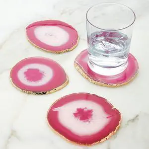 Modern Home Set of 4 Natural Agate Stone Coasters - Pink w/Gold Edge