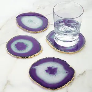 Modern Home Set of 4 Natural Agate Stone Coasters - Purple w/Gold Edge