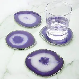 Modern Home Set of 4 Natural Agate Stone Coasters - Purple w/Silver Edge