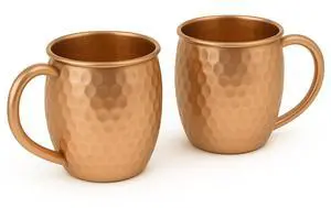 Modern Home Handmade 16oz Solid Copper Mule Mug  Barrel Shaped Mug with Copper Handle & Hammered Texture (Set of 2)