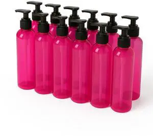 Royal Massage 8oz Bullet Round Massage Oil/Lotion/Liquid Bottle with Saddle Pump (Pink, 12)