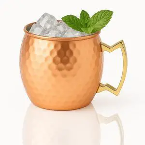 Modern Home Handmade 16oz Solid Copper Mule Mug  Nickel Lined Barrel Shaped Mug with Brass Handle & Hammered Texture (Single)