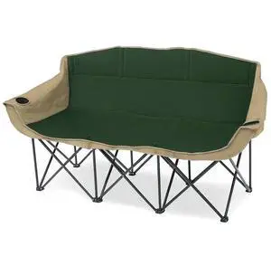 GoTEAM Portable Folding Bench Couch  3 Seat Collapsible Outdoor Chair with Cup Holders & Carry Bag (Green/Beige)
