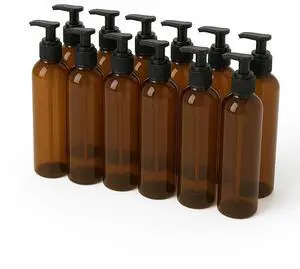 Royal Massage 8oz Bullet Round Massage Oil/Lotion/Liquid Bottle with Saddle Pump (Amber, 12)