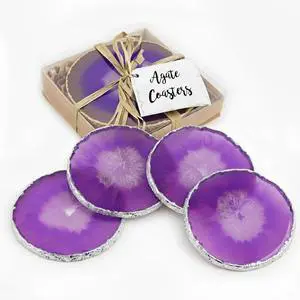 Modern Home Set of 4 Natural Agate Stone Coasters - Purple w/Silver Edge