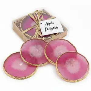 Modern Home Set of 4 Natural Agate Stone Coasters - Pink w/Gold Edge
