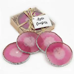 Modern Home Set of 4 Natural Agate Stone Coasters - Pink w/Silver Edge