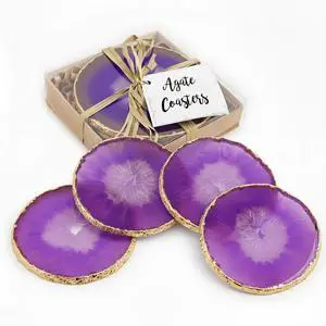 Modern Home Set of 4 Natural Agate Stone Coasters - Purple w/Gold Edge
