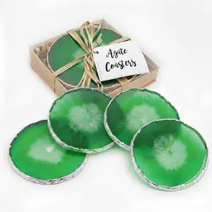 Modern Home Set of 4 Natural Agate Stone Coasters - Green w/Silver Edge