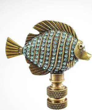Tropical Fish Lamp Finial with Aegean Blue Glass Antique Brass Finish 2.25"h