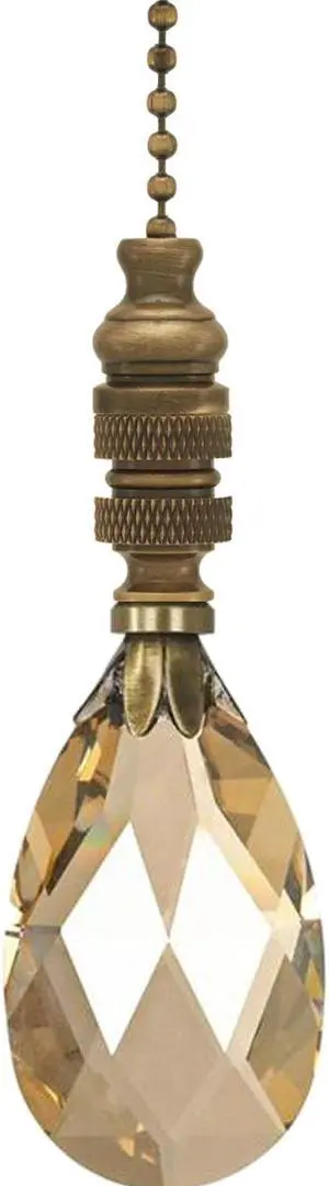 Stephanov Crystal Fan Pull Large Champagne Teardrops Antique Brass 2.75"h