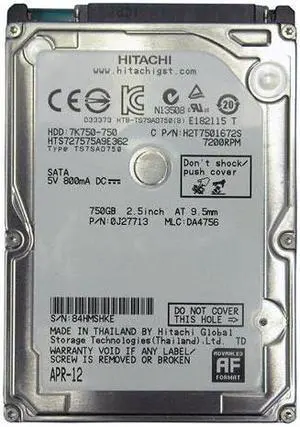Hitachi HTS727575A9E362 - 2.5in 750GB SATA 3.0Gb/s 7200RPM Hard Drive