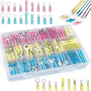 Heat Shrink Wire Connectors Kit: 270pcs Waterproof Electrical Crimp Terminals for Marine & Automotive Use, Adhesive Lined with Butt Fork Hook Ring & Quick Disconnects