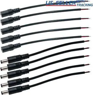 5qty DC Power Pigtail Set Male & Female Barrel Jack 6" Wire 5.5mm x 2.1mm