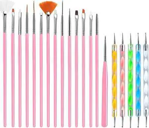 JacobsParts 20-Piece Professional Nail Art Brushes Set, Dotting Tools, Dust Brush, Nail Drawing Pen for Perfect Manicure and Detailed Designs Pink