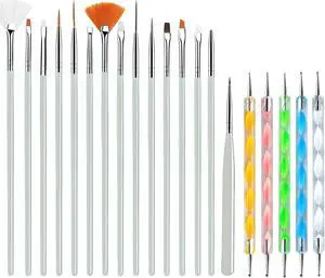 JacobsParts 20-Piece Professional Nail Art Brushes Set, Dotting Tools, Dust Brush, Nail Drawing Pen for Perfect Manicure and Detailed Designs (White)