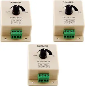 Manual Dimmer Switch for LED Strip Light, 12V 8A Mountable with Terminals 3 Pack
